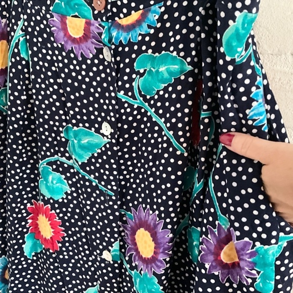 Vintage Maxi skirt Button down Navy Polka dot Dark Floral print Coquette 20W - Picture 6 of 8